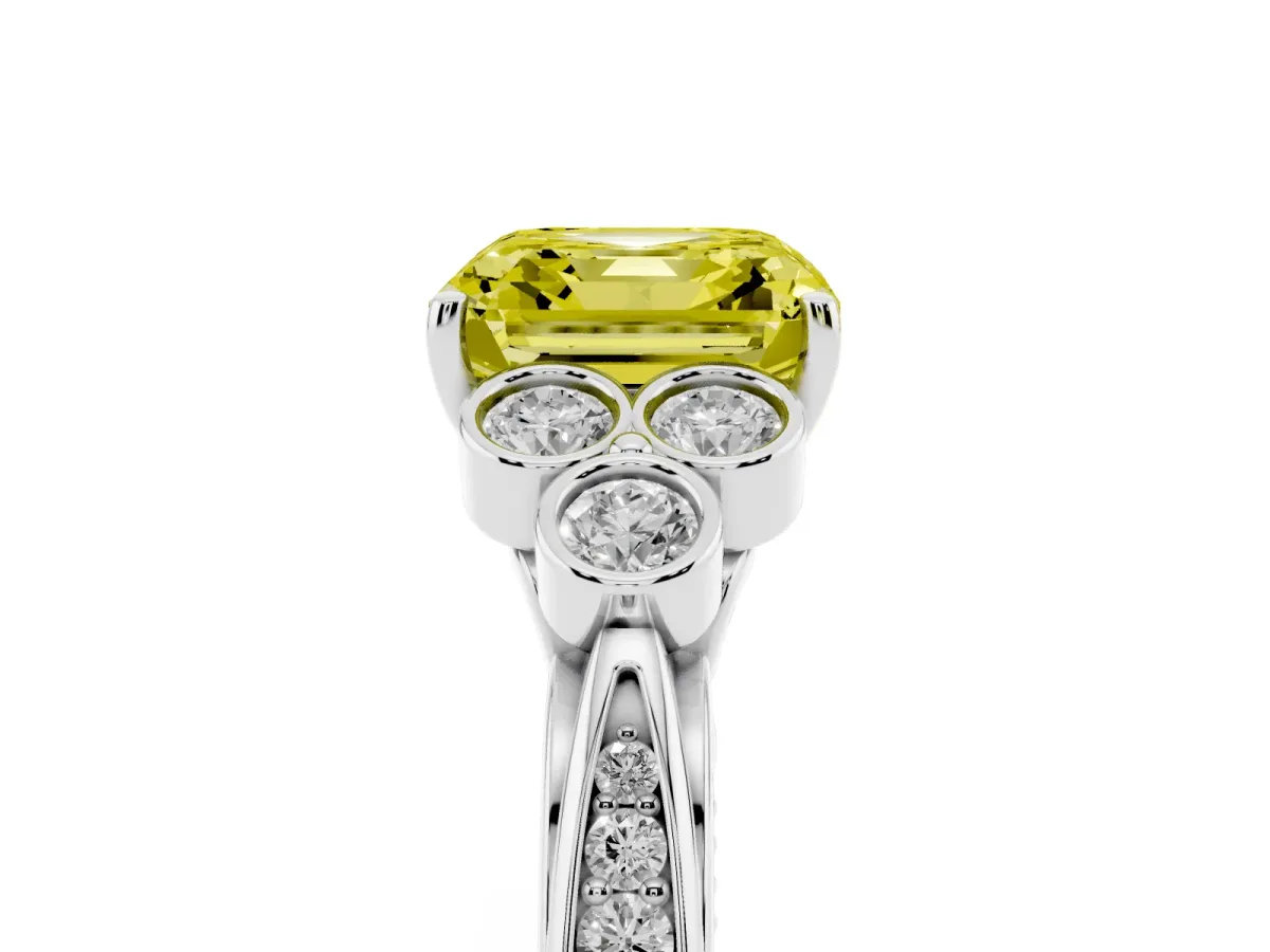 Fancy Yellow Asscher Cut Cut Diamond Engagement Ring with Bezel Set Round Side Stones and Prong Setting Silver