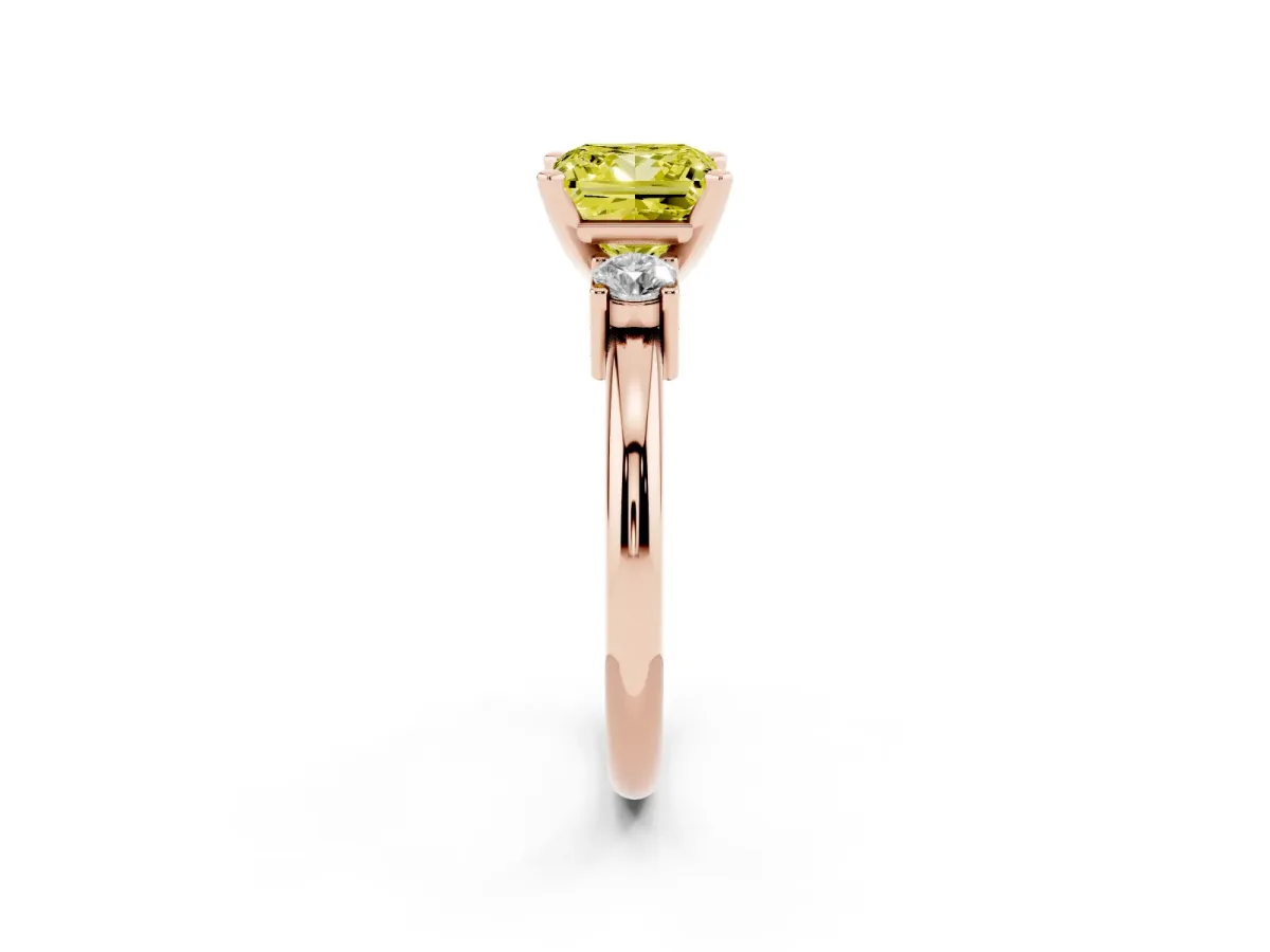 Fancy Yellow Three-Stone Princess Cut Cut Diamond Solitaire with Prong Setting and Classic Band Rose gold