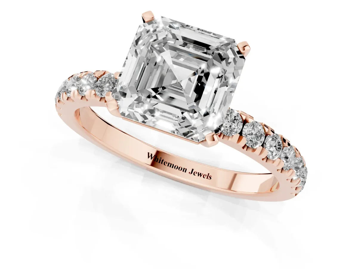 Asscher Cut Diamond Solitaire Ring with Pavé Accents and Four-Prong Setting Rose gold