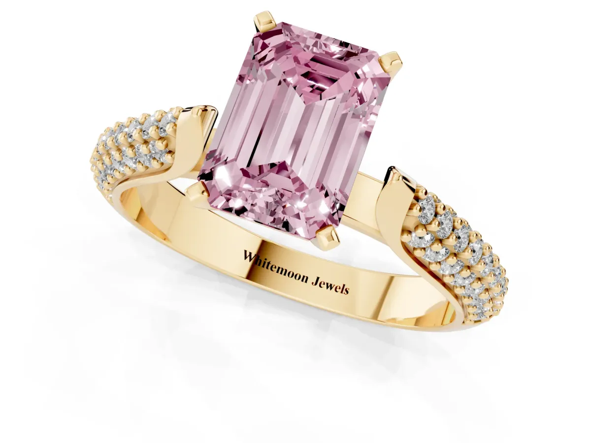 Fancy Pink Emerald Cut Diamond Solitaire Engagement Ring with Multi-Row Round Pavé Band and Prong Setting Yellow gold