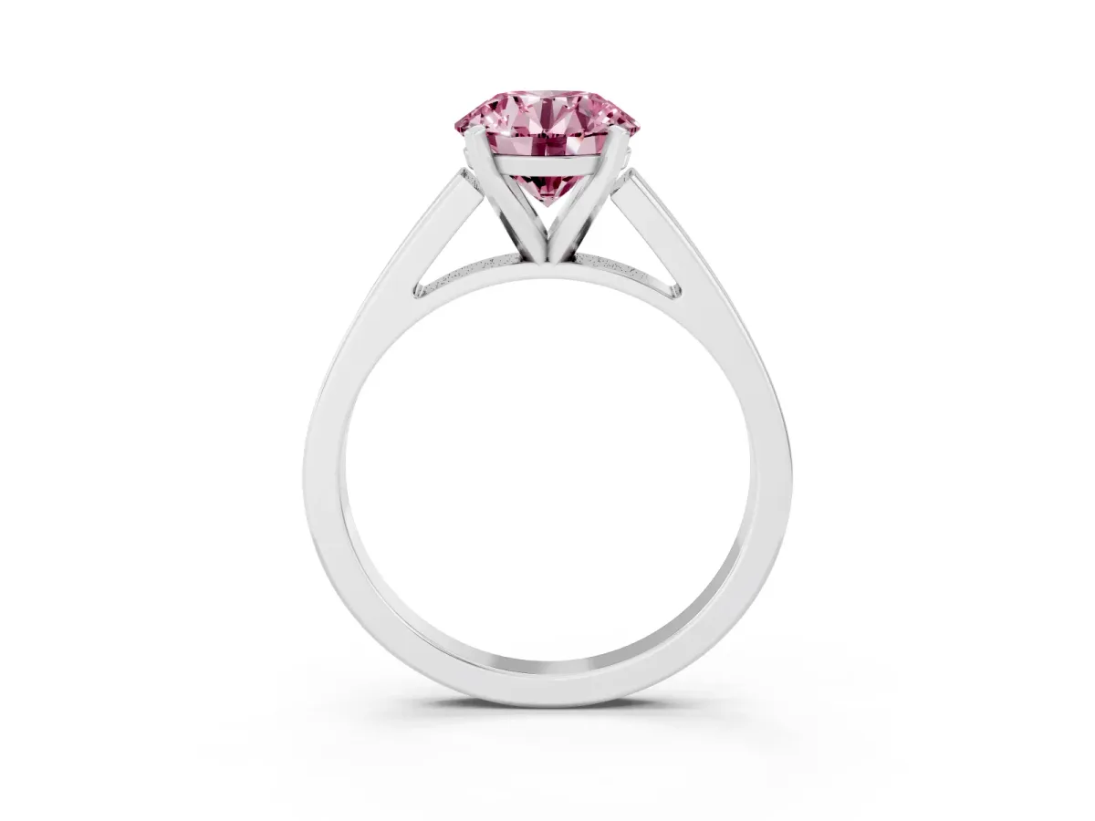 Fancy Pink Round Cut Solitaire Engagement Ring with Four-Prong Setting and Tapered Band Silver