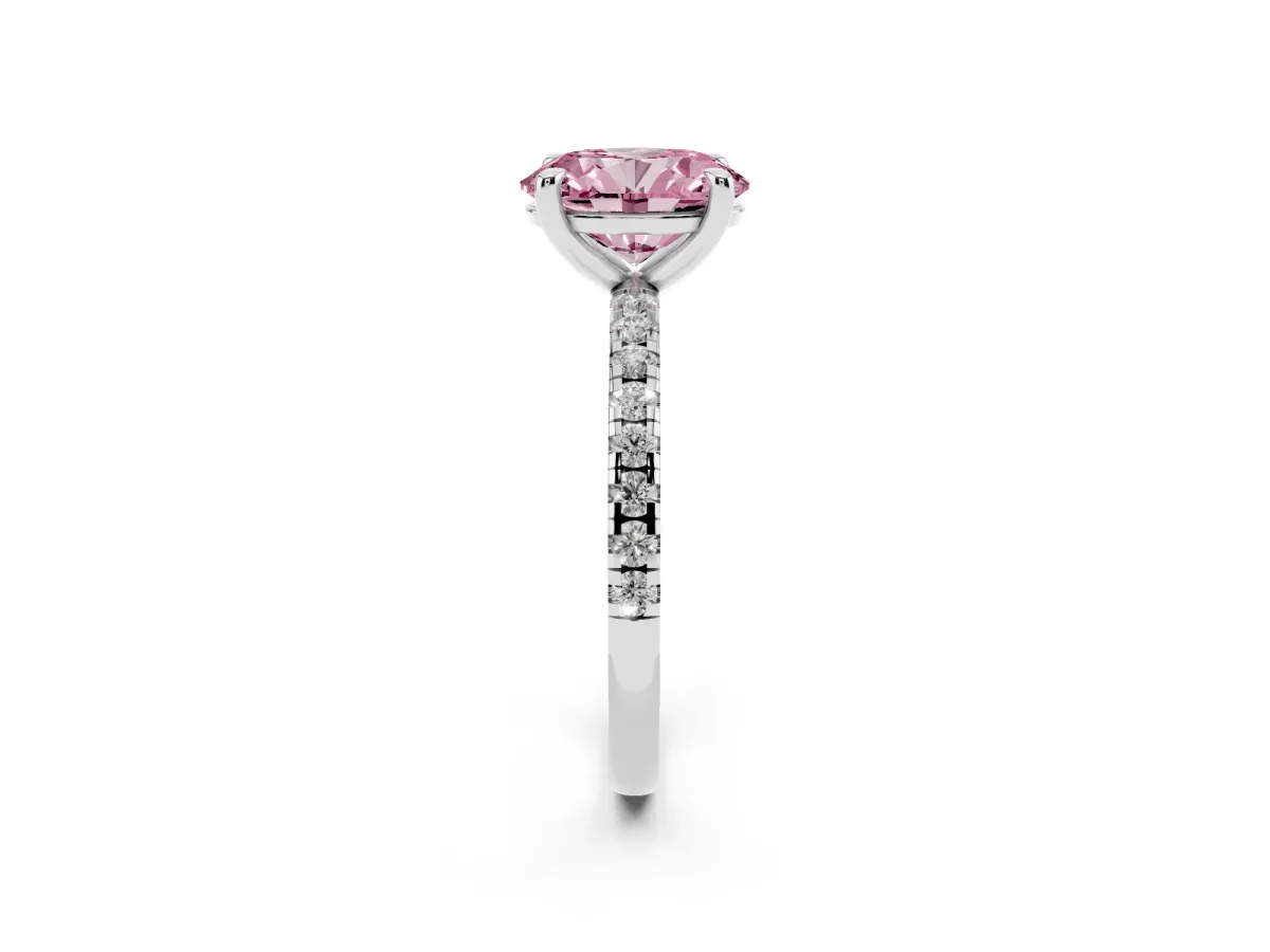 Fancy Pink Oval Cut Diamond Brilliant Solitaire Ring with Pavé Band and Four-Prong Setting Silver