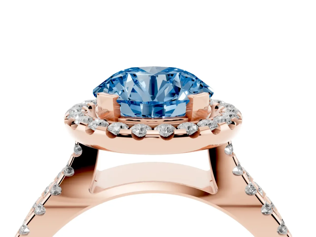 Fancy Blue Round Cut Diamond Halo Ring with Split Shank Pavé Band and Prong Setting Rose gold