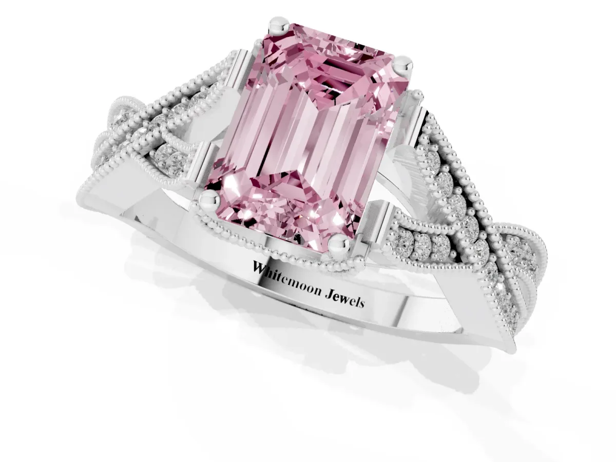 Fancy Pink Emerald Cut Cut Diamond Twisted Band with Milgrain Pave Setting and Four-Prong Setting Silver