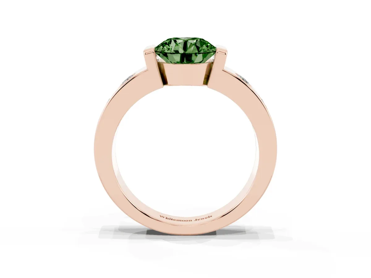Fancy Green Round Cut Brilliant Channel-Set Diamond Ring with Bezel Prong Setting Rose gold