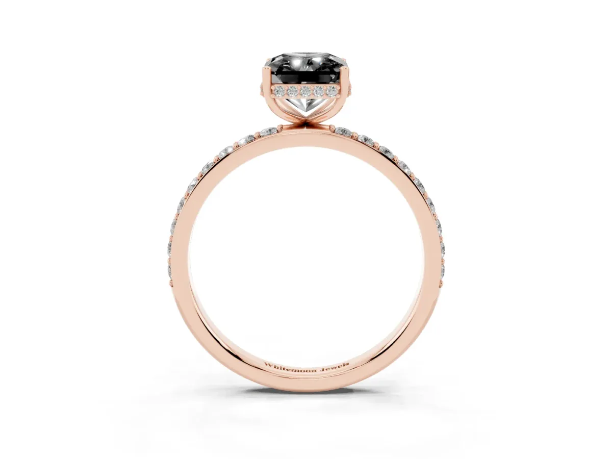 Fancy Black Radiant Cut Diamond Solitaire Ring with Pavé Band and Hidden Halo Rose gold