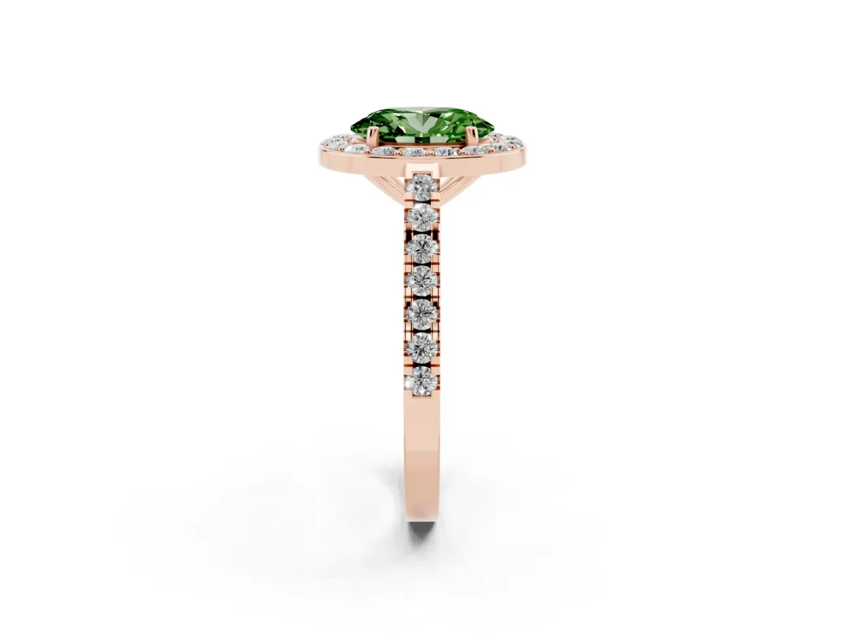 Fancy Green Oval Cut Diamond Halo Ring with Round Pavé Split Shank and Prong Setting Rose gold