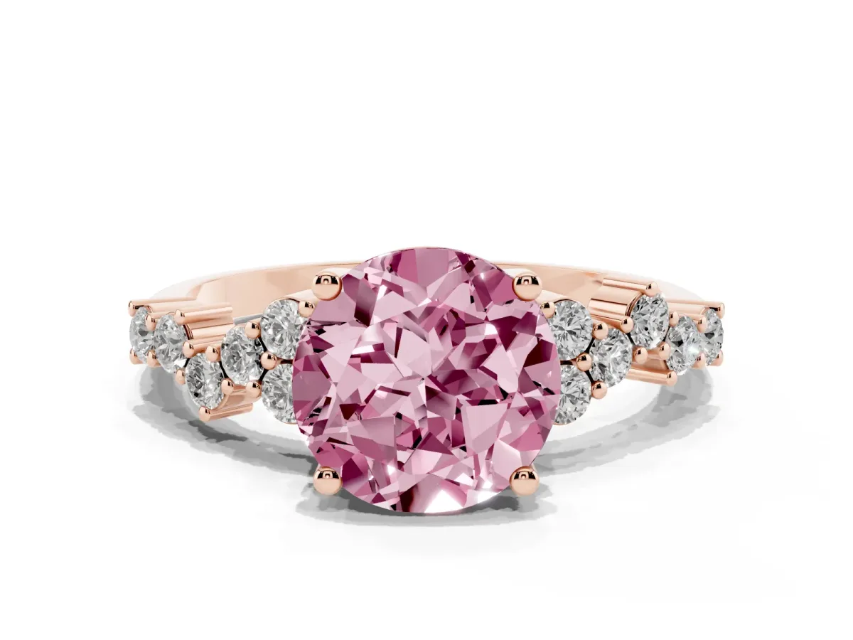 Fancy Pink Round Cut Diamond Scattered Round Accent Ring with Prong Setting Rose gold