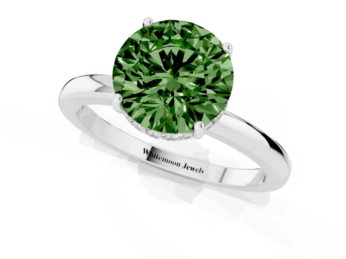 Fancy Green Round Cut Solitaire Diamond Ring with Prong Setting and Plain Band Silver