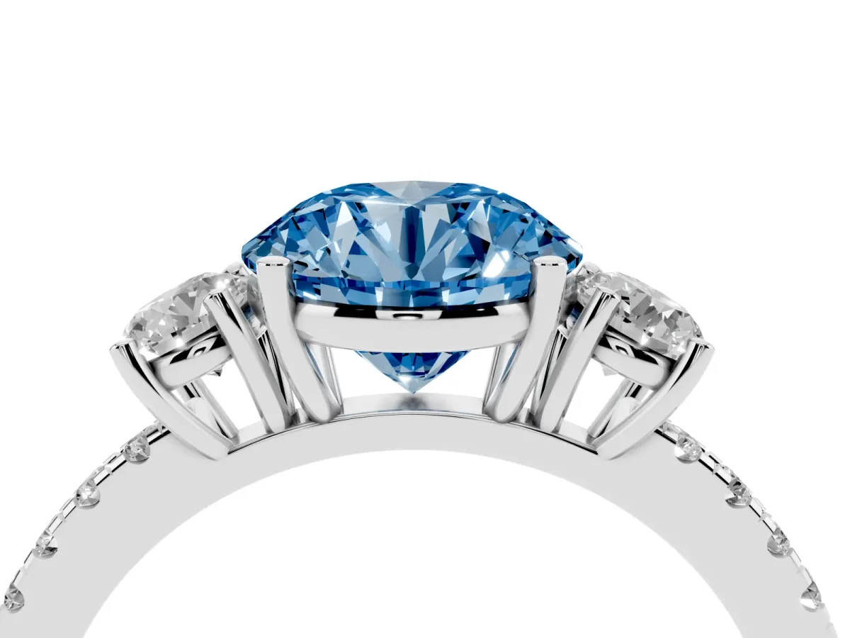 Fancy Blue Three-Stone Round Cut Cut Diamond Pavé Band with Prong Setting Silver