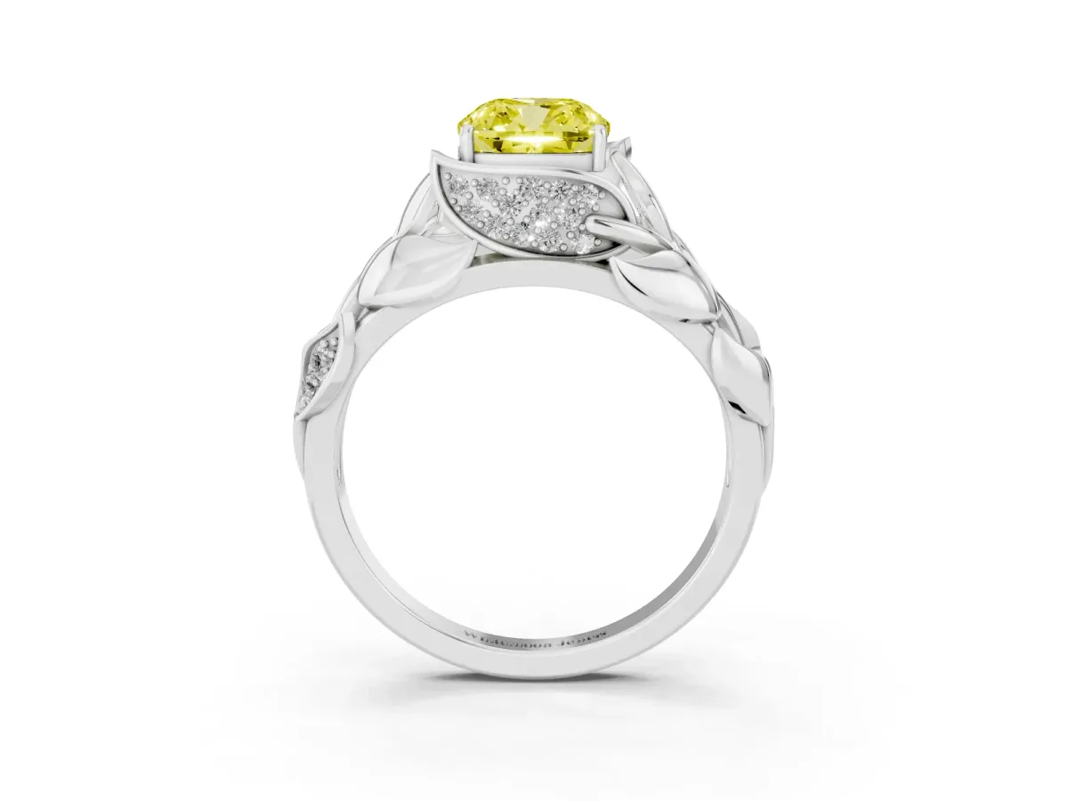Fancy Yellow Cushion Cut Diamond Leaf-Inspired Engagement Ring with Round Accents and Prong Setting Platinum
