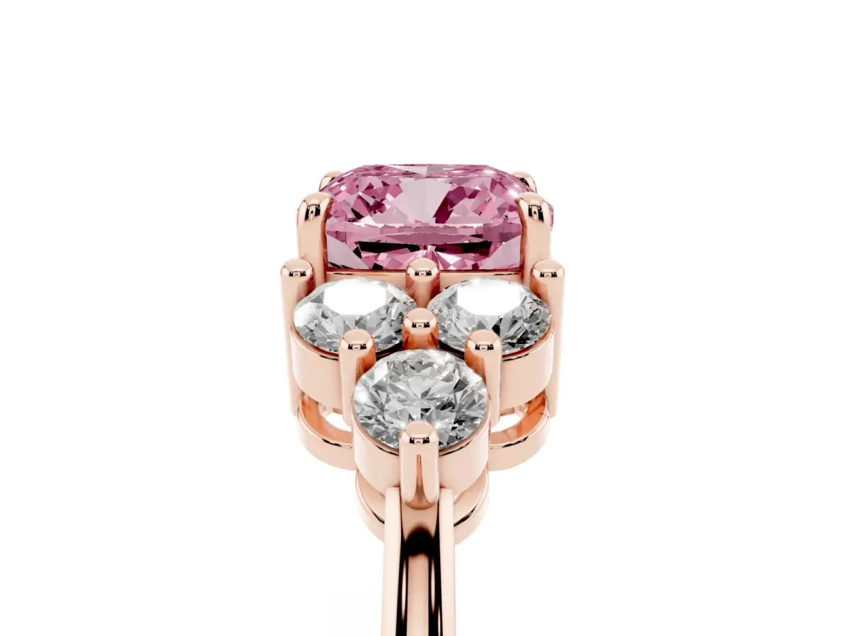 Fancy Pink Cushion Cut Brilliant Diamond Cluster Accent Solitaire Ring with Prong Setting Rose gold