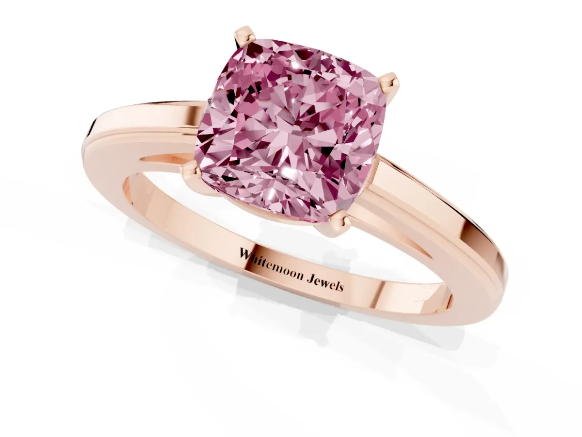 Fancy Pink Cushion Cut Solitaire Diamond Ring with Four-Prong Setting and Classic Band Rose gold