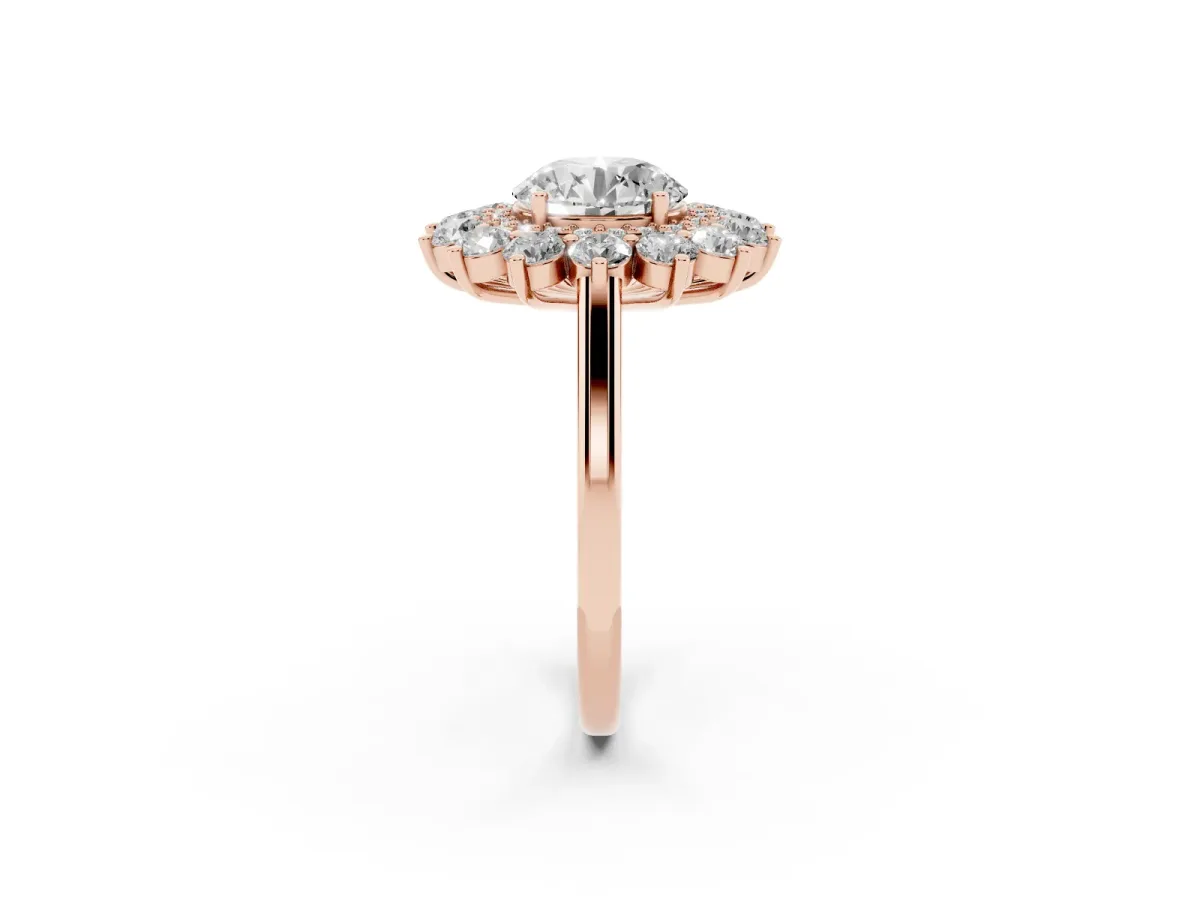 Round Cut Diamond Floral Double Halo Engagement Ring with Prong Setting Rose gold