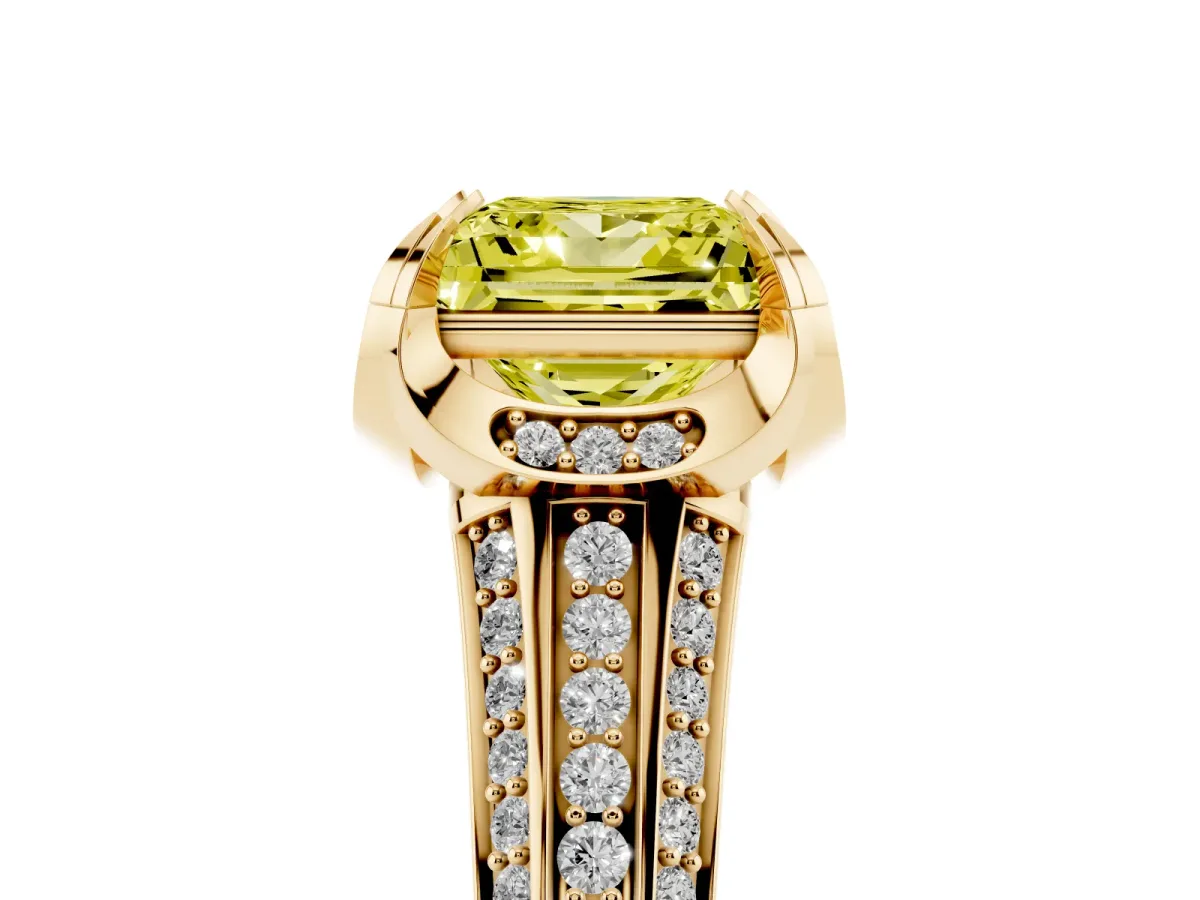 Fancy Yellow Princess Cut Solitaire Pave Split Shank Ring with Four-Prong Setting Yellow gold