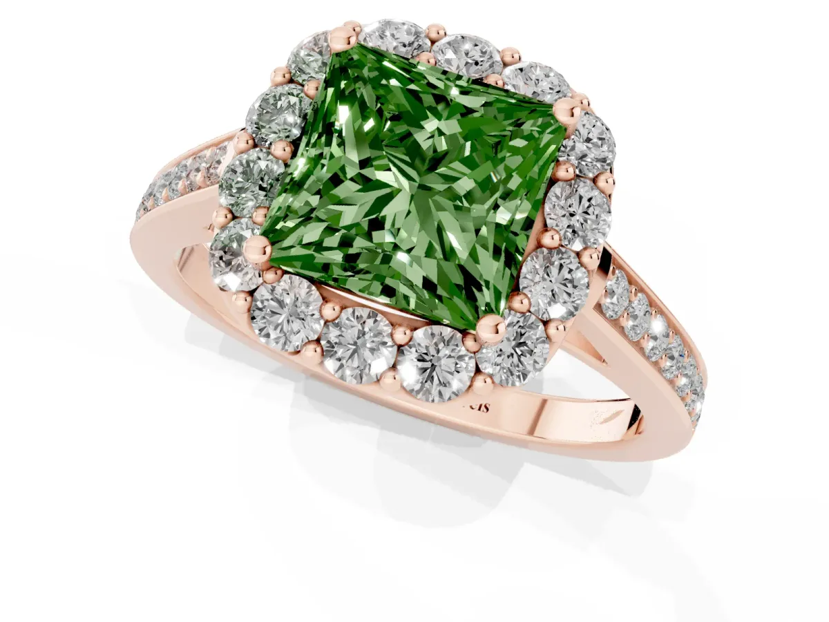 Fancy Green Princess Cut Diamond Floral Halo Ring with Pavé Band and Prong Setting Rose gold