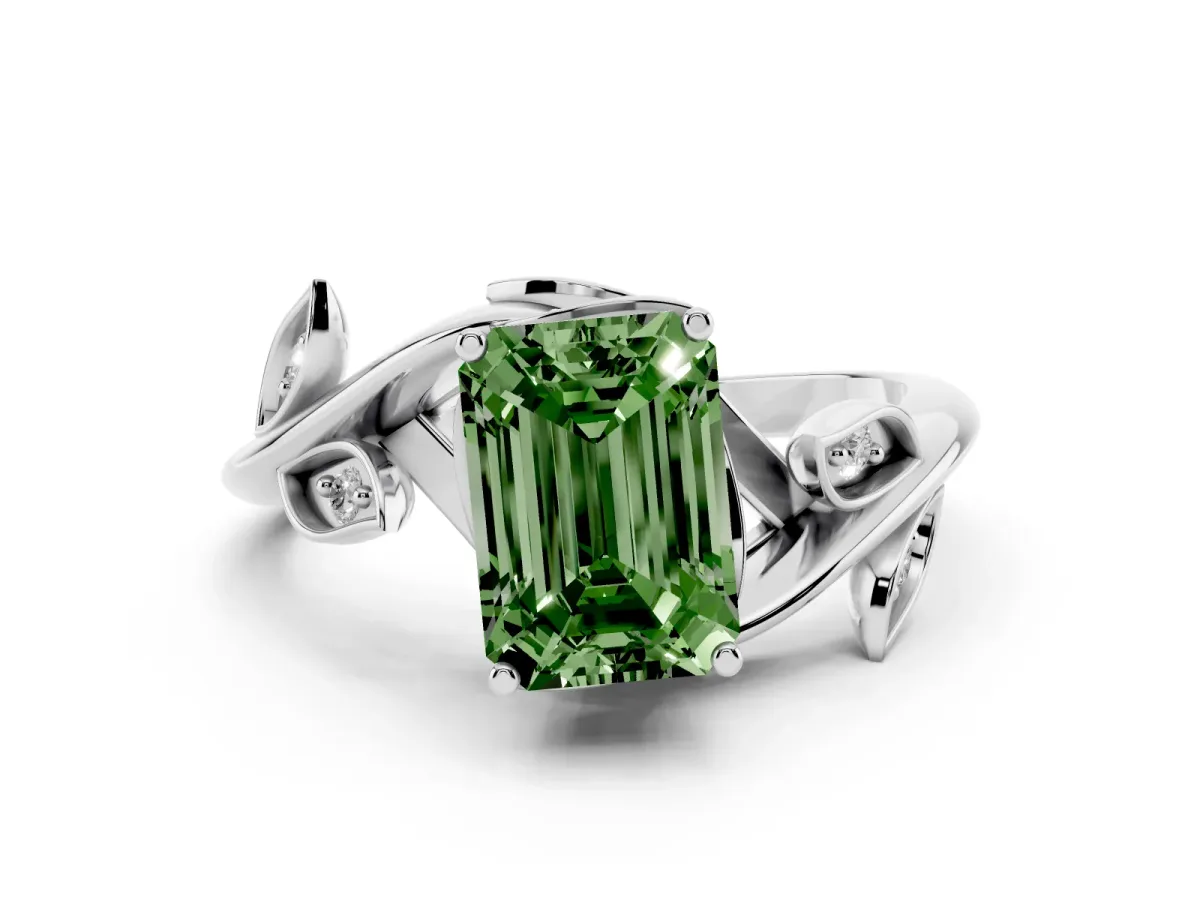 Fancy Green Emerald Cut Solitaire Twist Engagement Ring with Leaf Accents and Prong Setting Silver