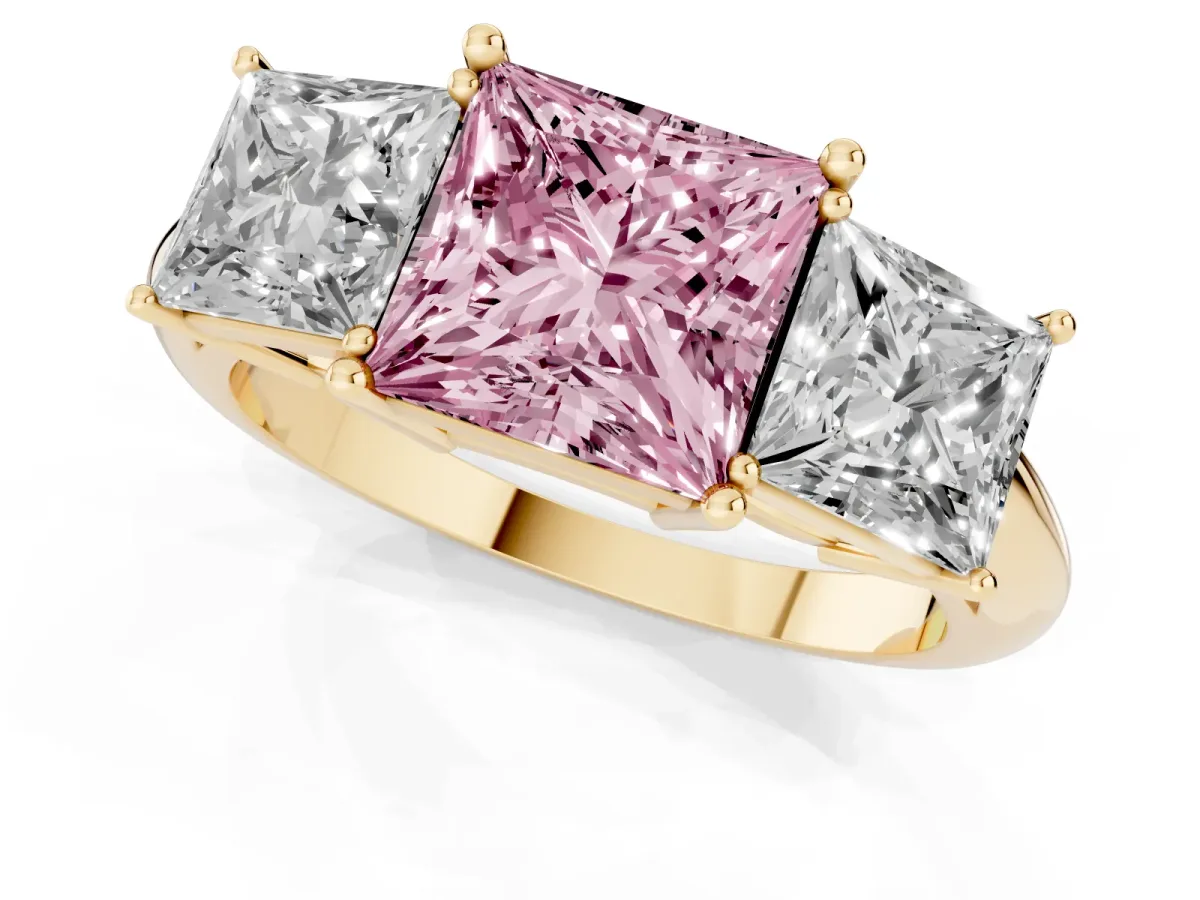 Fancy Pink Three-Stone Princess Cut Cut Diamond Engagement Ring with Prong Setting on a White Gold Band Yellow gold