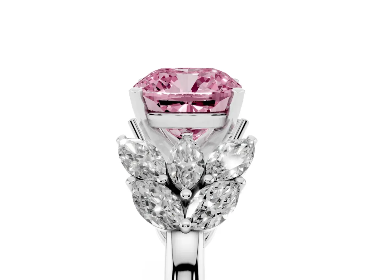 Fancy Pink Cushion Cut Diamond Cluster Leaf Design Ring with Prong Setting White gold