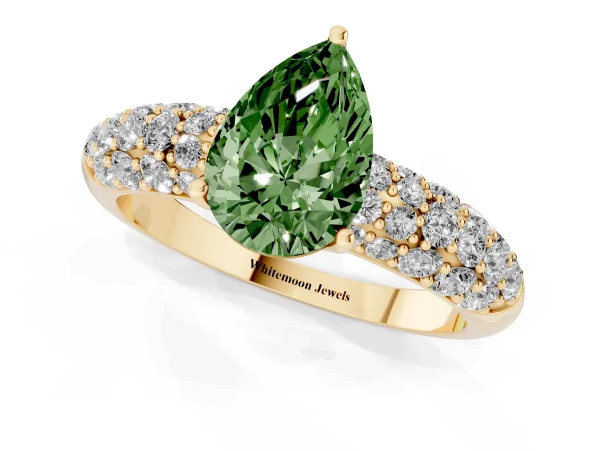 Fancy Green Pear Cut Diamond Pavé Band Solitaire Ring with Four-Prong Setting Yellow gold