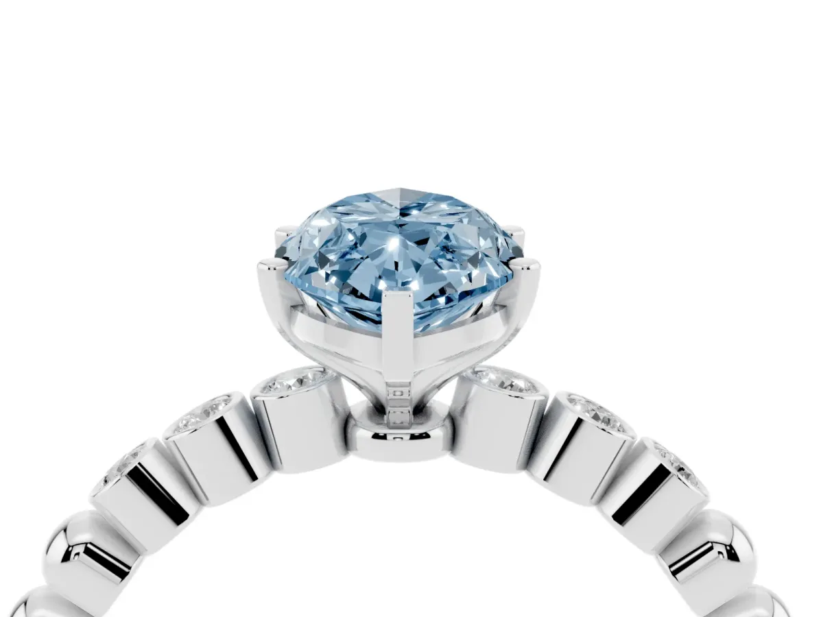 Fancy Blue Marquise Cut Solitaire Bezel Accent Diamond Engagement Ring with Beaded Band and Four-Prong Setting Platinum
