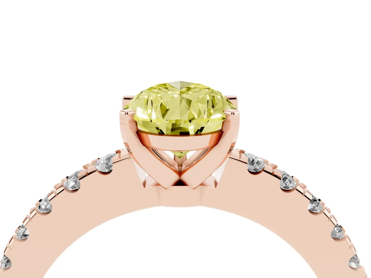 Fancy Yellow Pear Cut Solitaire Diamond with Pavé Band and Four-Prong Setting Rose gold