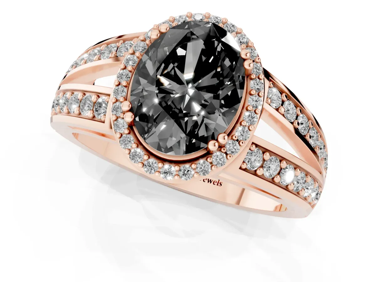 Fancy Black Oval Cut Diamond Halo Ring with Split Shank Pavé Band and Four-Prong Setting Rose gold