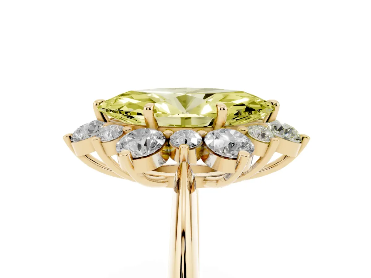 Fancy Yellow Marquise Cut Diamond Cluster Halo Ring with Solitaire Band and Four-Prong Setting Yellow gold
