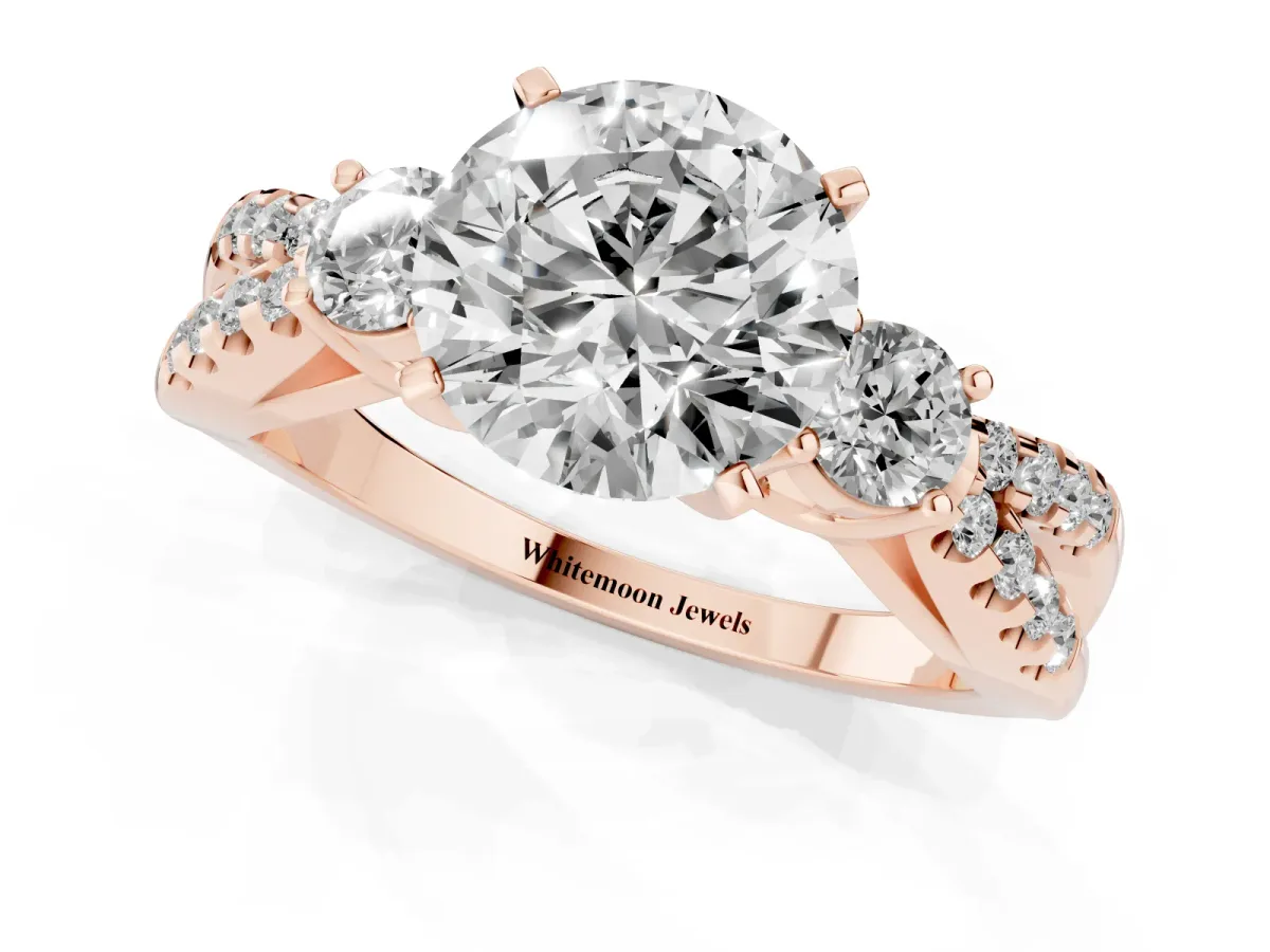 Round Cut Diamond Three-Stone Ring with Pavé Split Shank and Four-Prong Setting Rose gold