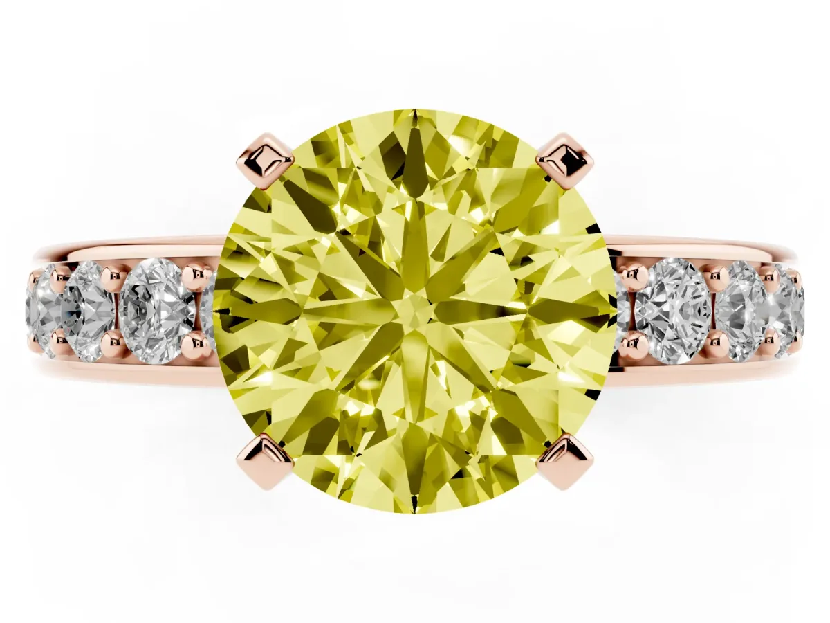 Fancy Yellow Round Cut Diamond Engagement Ring with Channel Set Round Band and Prong Setting Rose gold
