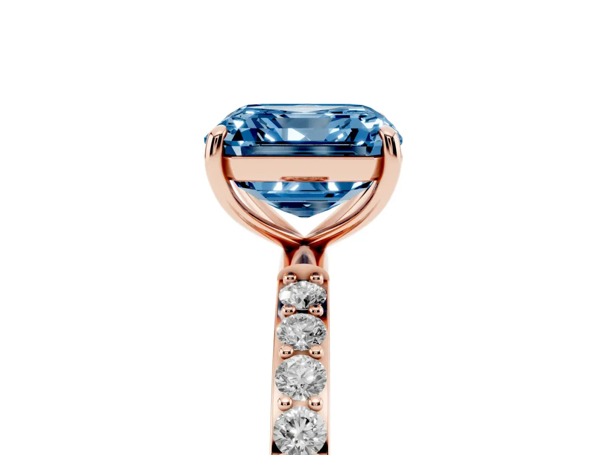 Fancy Blue Asscher Cut Diamond Solitaire Ring with Round Pavé Shoulders and Prong Setting Rose gold