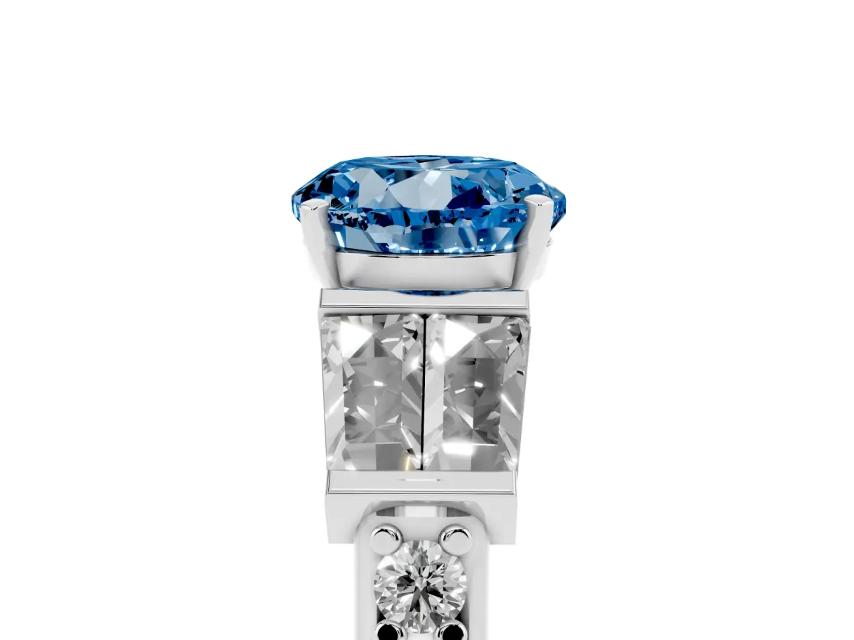 Fancy Blue Round Cut Diamond Engagement Ring with Baguette Side Stones and Channel Set Band White gold