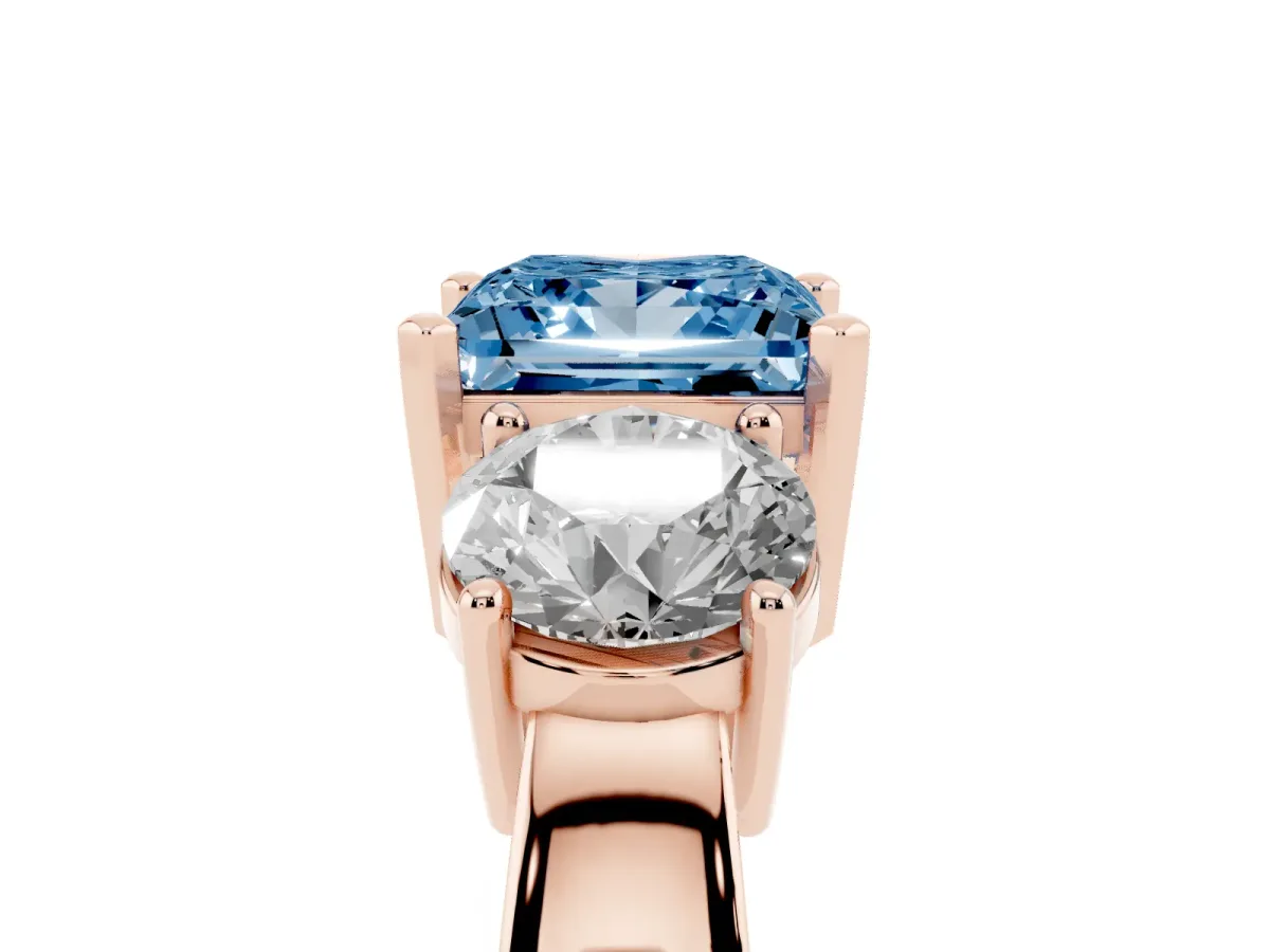 Fancy Blue Three-Stone Princess Cut Diamond Ring with Round Side Stones, Classic Band, and Four-Prong Setting Rose gold