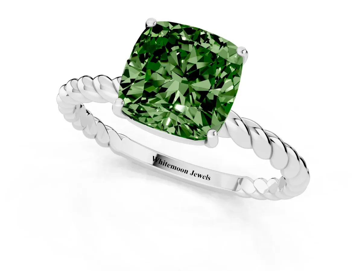 Fancy Green Cushion Cut Solitaire Twist Band Ring with Four-Prong Setting Silver