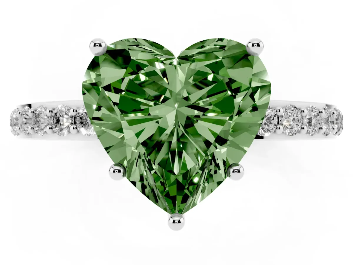 Fancy Green Heart Cut Diamond Solitaire Ring with Pavé Band and Hidden Halo Silver