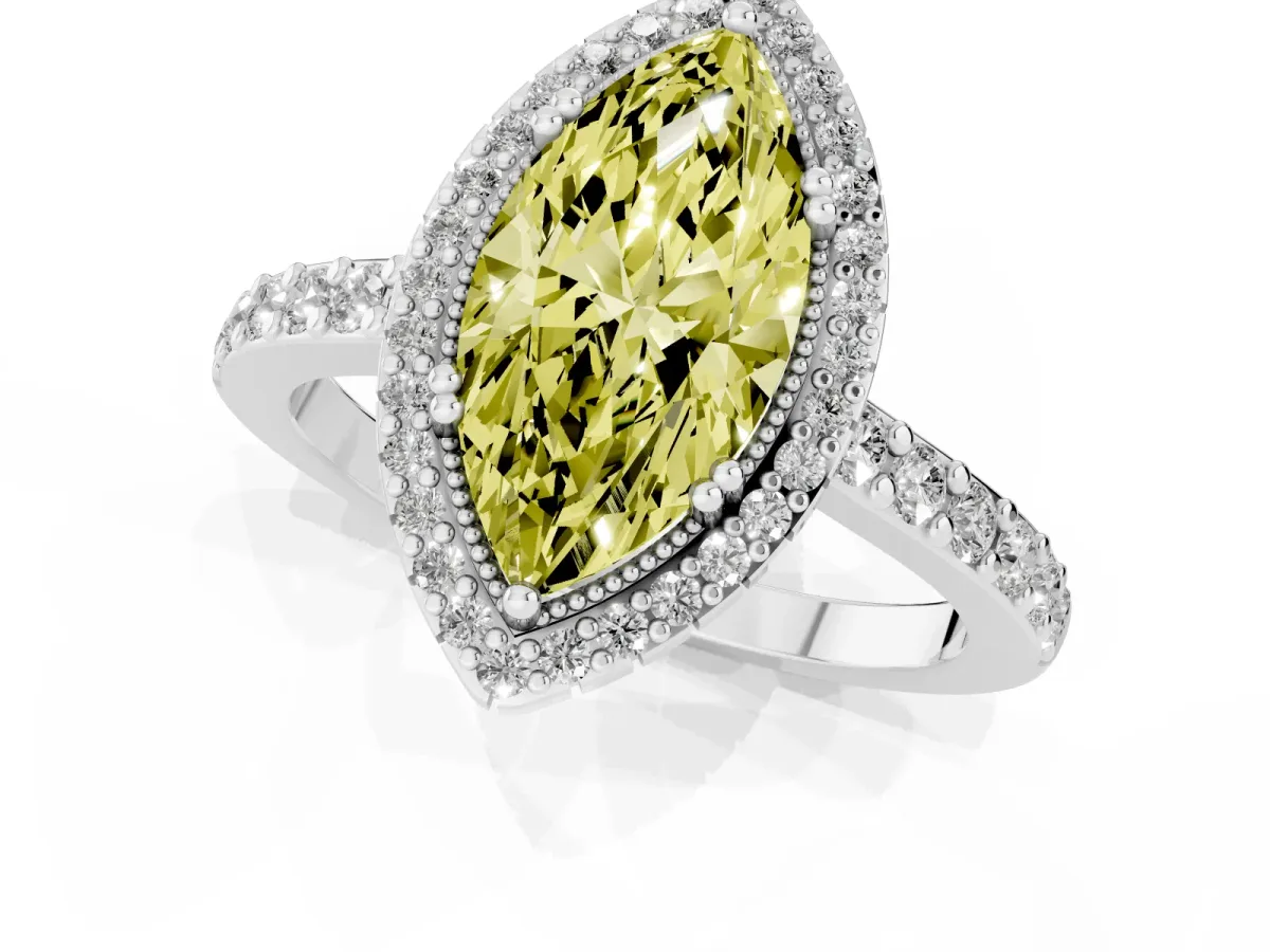 Fancy Yellow Marquise Cut Cut Diamond Halo Engagement Ring with Milgrain Detail and Pavé Band Silver