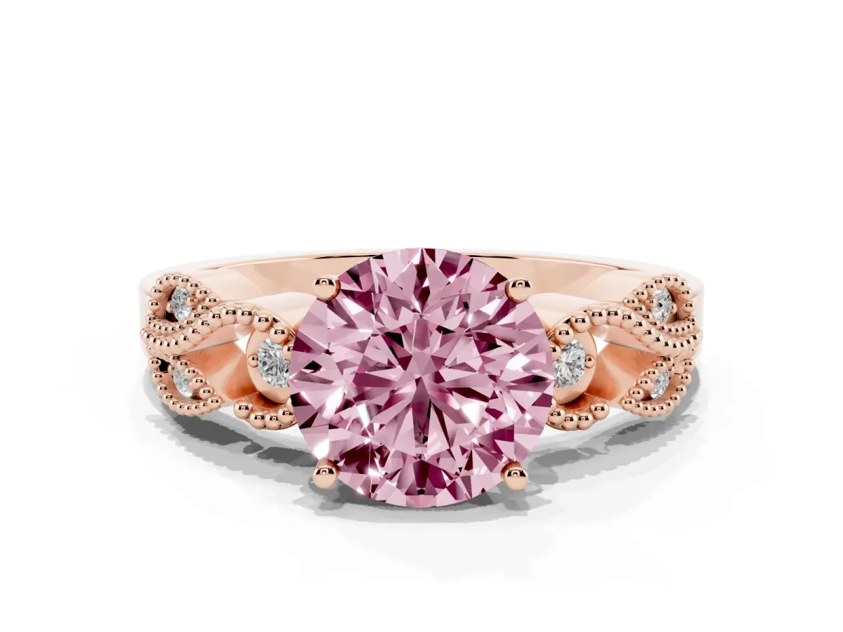 Fancy Pink Round Cut Solitaire Milgrain Leaf Band with Prong Setting Rose gold