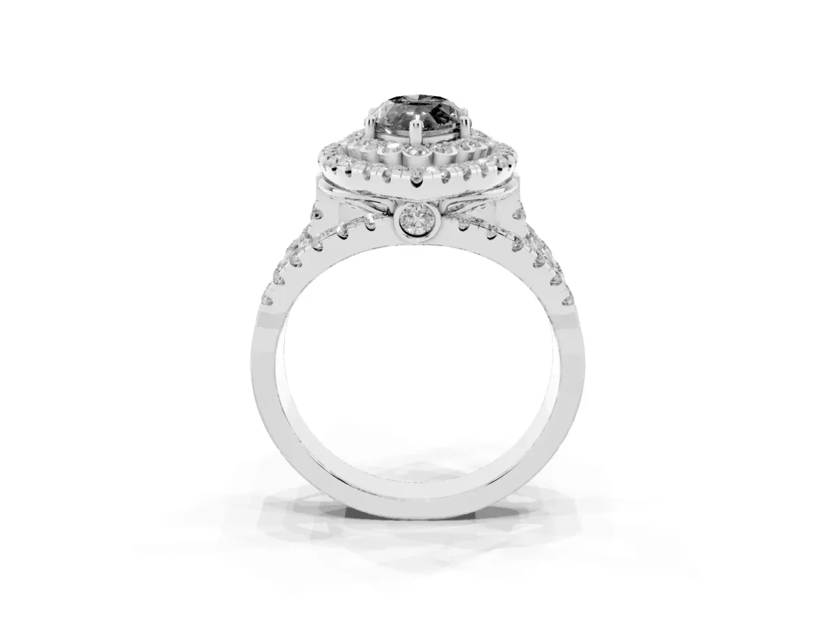 Fancy Black Marquise Cut Diamond Double Halo Ring with Round Pavé Split Shank and Prong Setting Silver