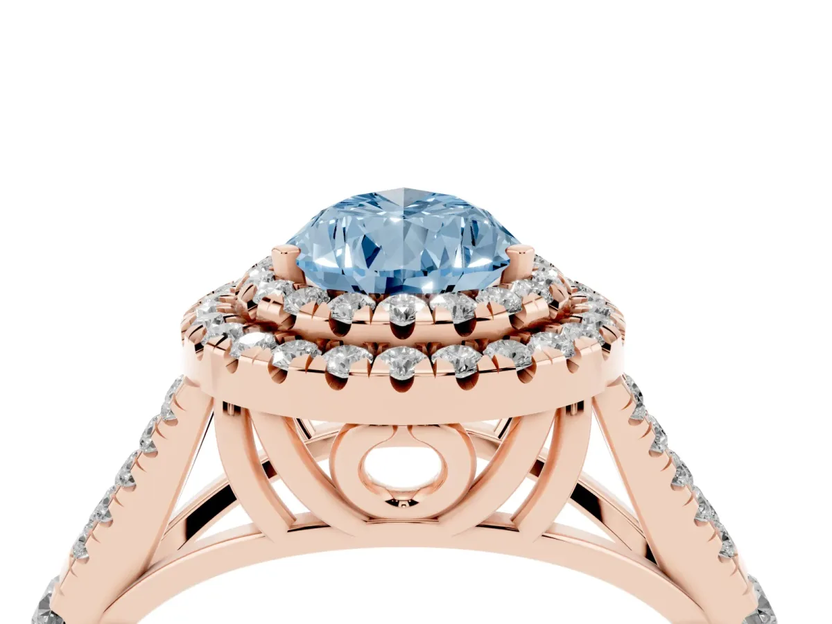 Fancy Blue Double Halo Pear Cut Diamond Split Shank Engagement Ring with Four-Prong Setting Rose gold