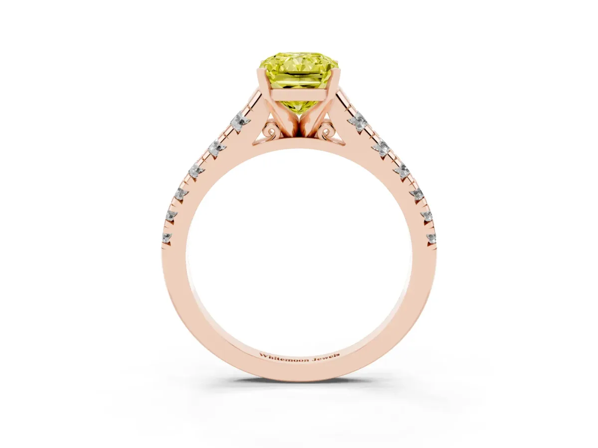 Fancy Yellow Radiant Cut Diamond Cathedral Solitaire Ring with Round Pavé Band Rose gold