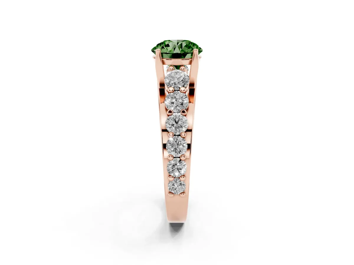 Fancy Green Round Cut Diamond Engagement Ring with Pavé Band and Four-Prong Setting Rose gold
