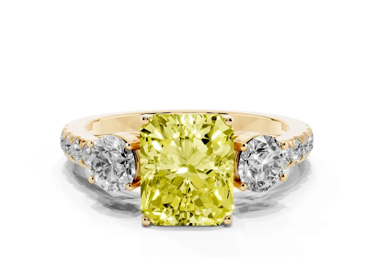 Fancy Yellow Radiant Cut Cut Diamond Three-Stone Ring with Round Side Stones and Pavé Band Yellow gold