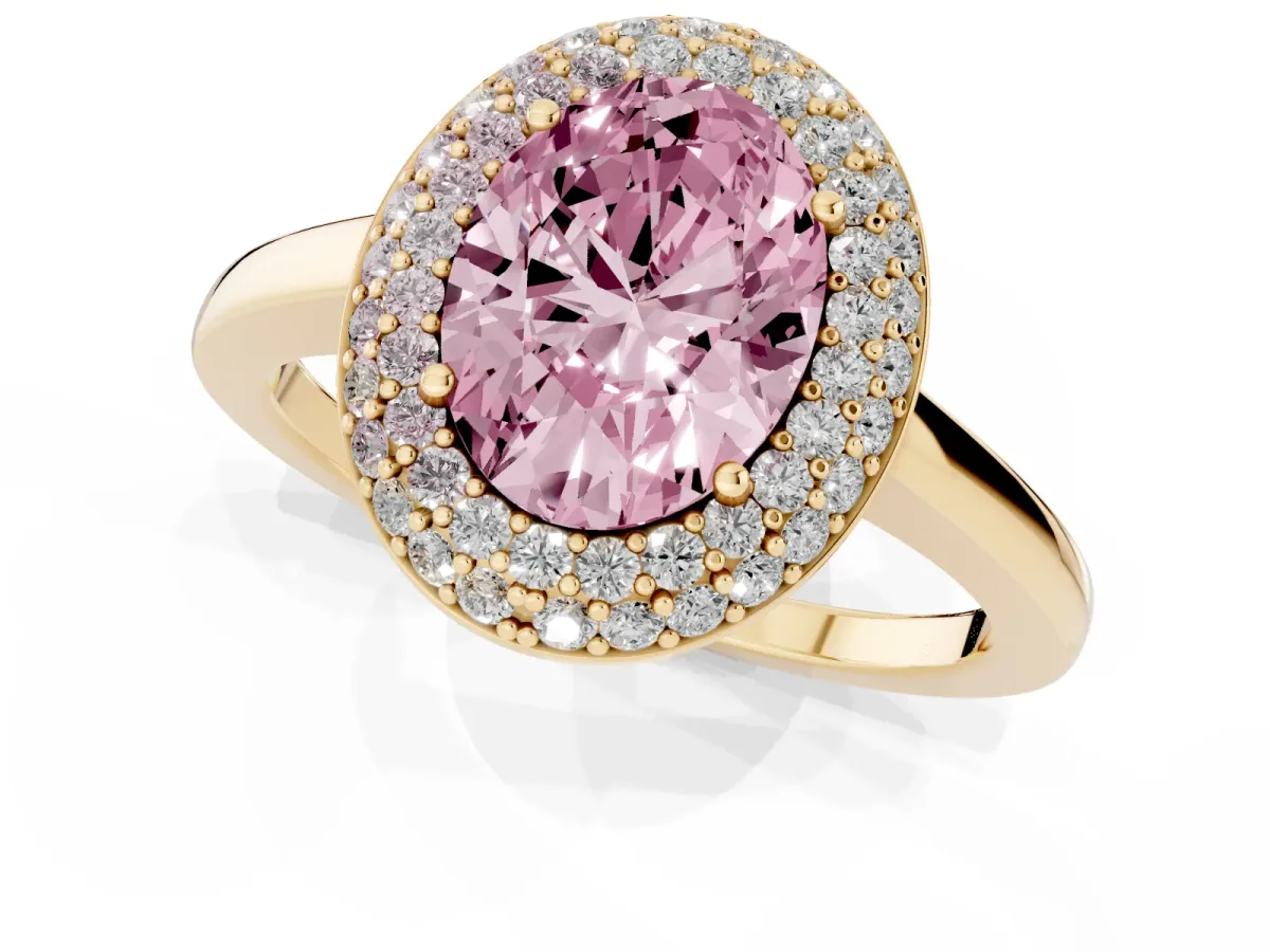 Fancy Pink Oval Cut Halo Diamond Engagement Ring with Solitaire Band and Four-Prong Setting Yellow gold