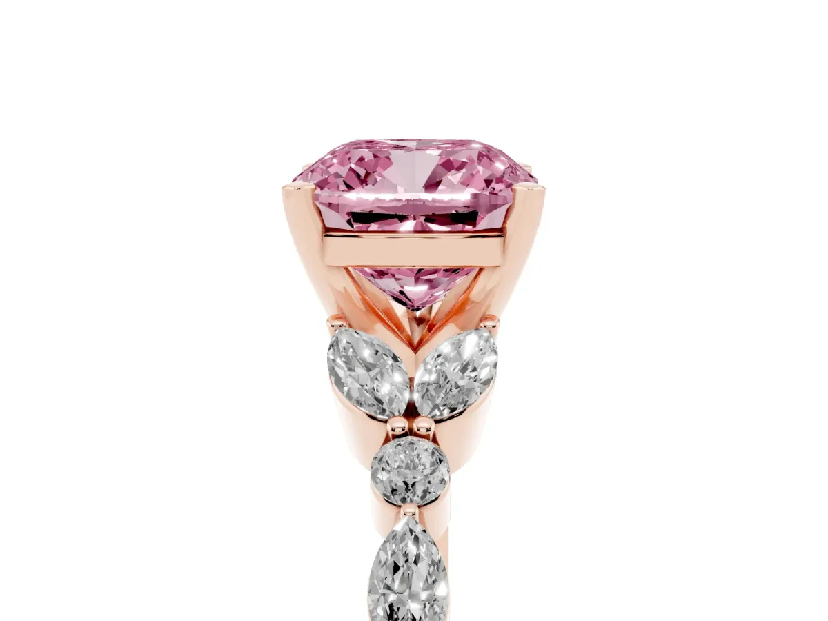 Fancy Pink Cushion Cut Diamond Solitaire Ring with Side Stones and Four-Prong Setting Rose gold