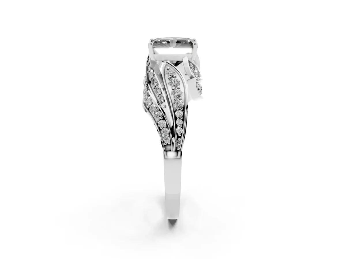 Fancy Black Radiant Cut Diamond Solitaire Ring with Prong Setting and Twisted Pavé Band Silver