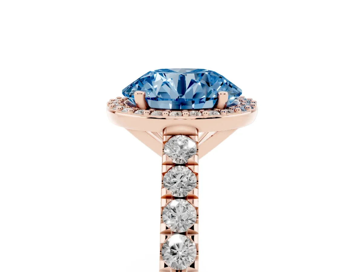Fancy Blue Round Cut Cut Halo Diamond Engagement Ring with Pave Band and Four-Prong Setting Rose gold