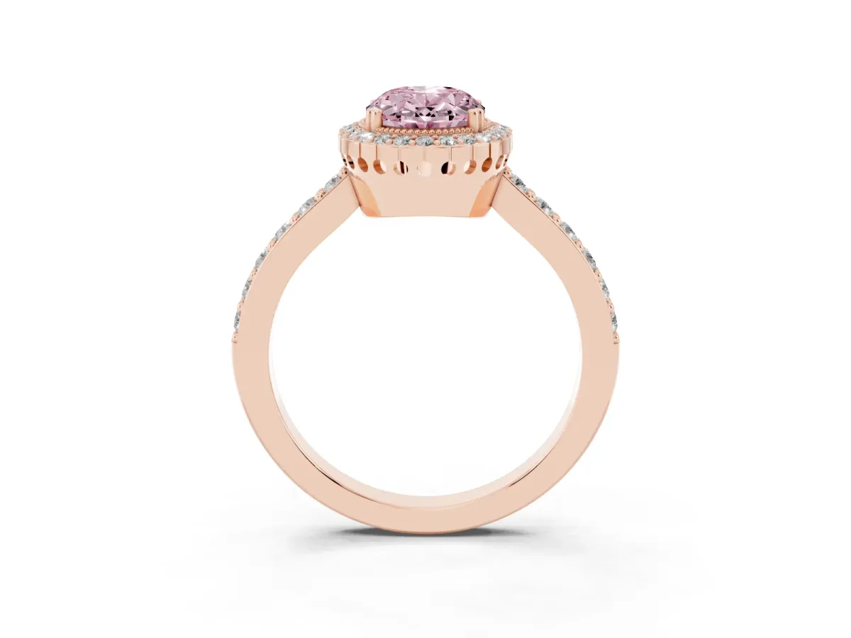 Fancy Pink Oval Cut Cut Diamond Halo Engagement Ring with Milgrain Detail and Pavé Band Rose gold