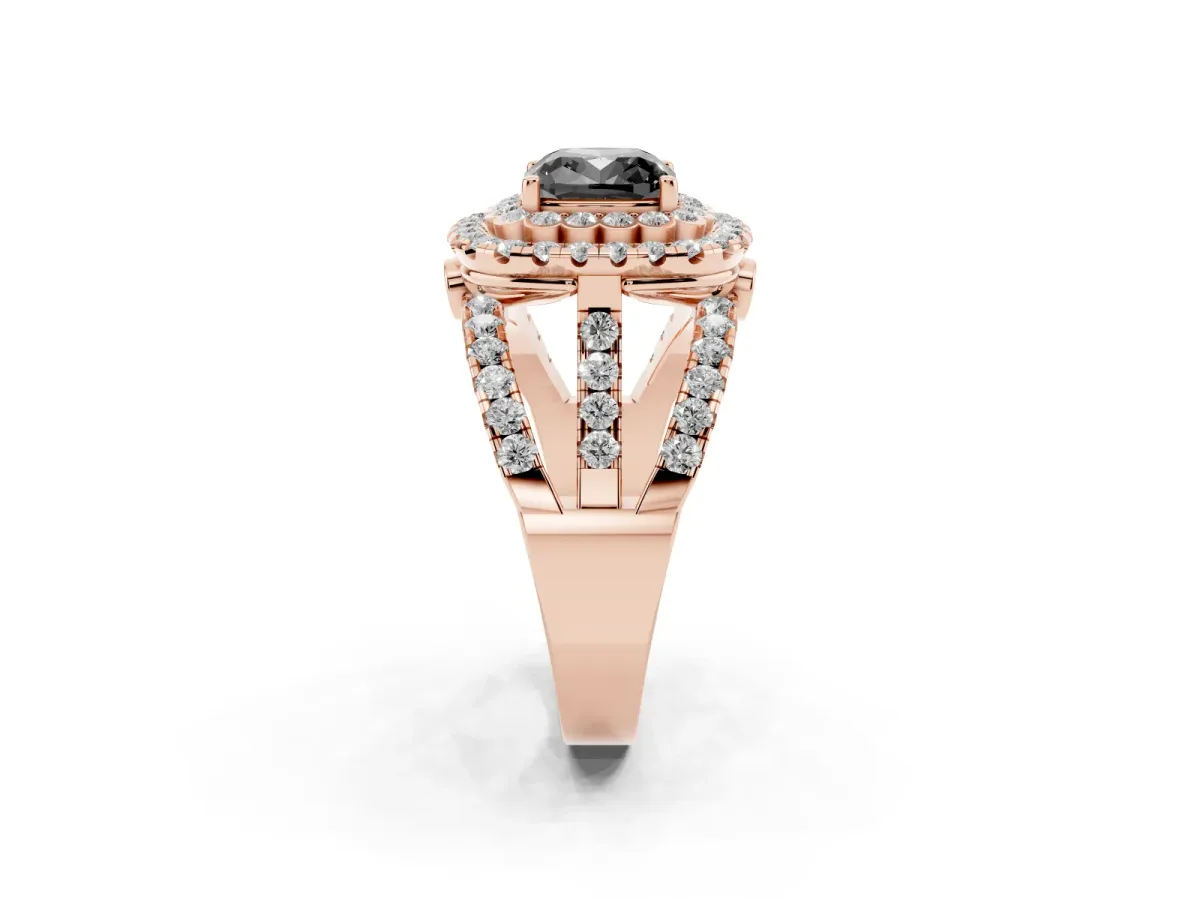 Fancy Black Cushion Cut Diamond Double Halo Ring with Round Pavé Split Shank and Prong Setting Rose gold