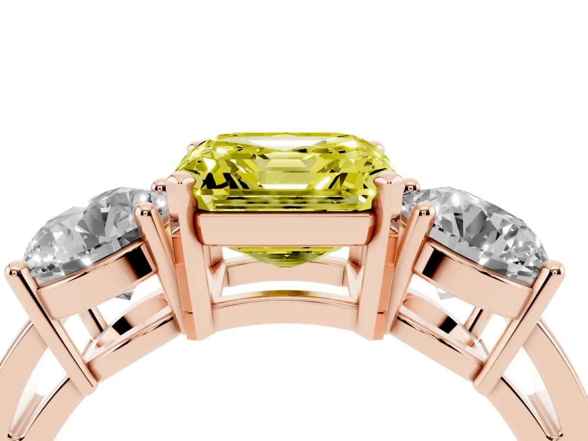 Fancy Yellow Three-Stone Asscher Cut Diamond Ring with Round Side Stones, Classic Band, and Four-Prong Setting Rose gold