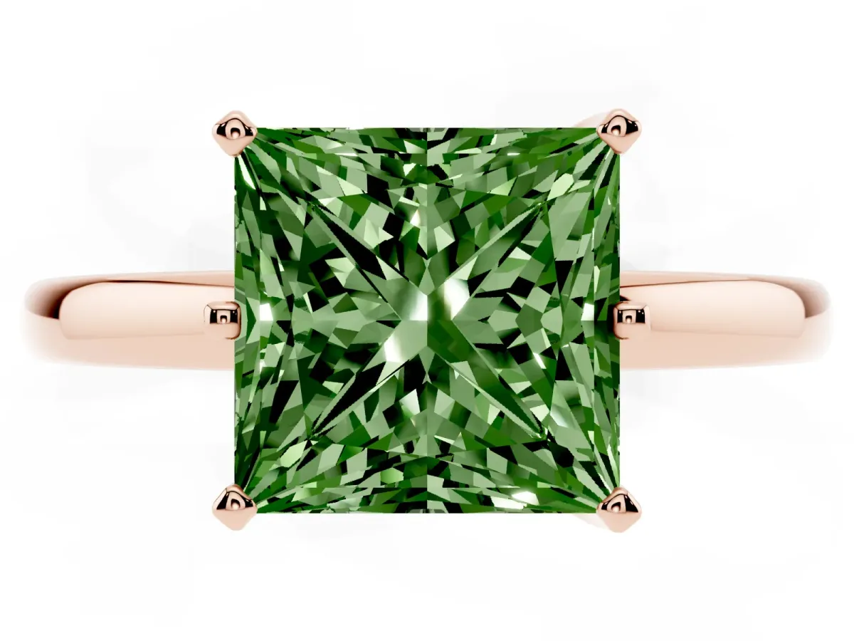 Fancy Green Princess Cut Solitaire Diamond Ring with Six-Prong Setting on a Classic Band Rose gold